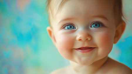 Happy baby smiling against a warm, golden bokeh background, creating a soft and joyful atmosphere.の素材