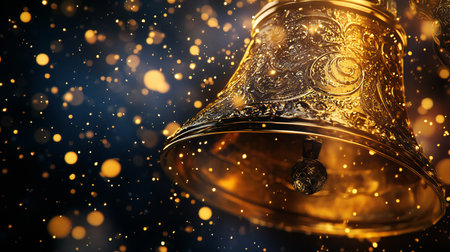 A beautifully detailed golden bell glows warmly, surrounded by shimmering sparkles and festive bokeh lights, creating a magical holiday atmosphere.の素材