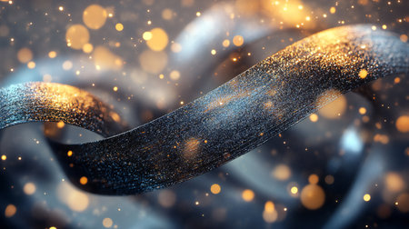 A sparkling gold and silver ribbon twists gracefully against a backdrop of warm bokeh lights, creating an elegant and festive holiday scene.の素材