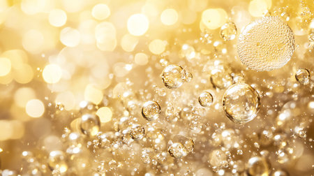 A mesmerizing scene of glowing golden bokeh lights with transparent bubbles floating in the foreground, creating a magical and festive atmosphere.の素材