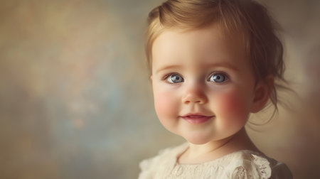 Happy baby smiling against a warm, golden bokeh background, creating a soft and joyful atmosphere.の素材