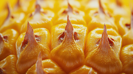 Macro image of a pineapple's skin, highlighting its vibrant yellow and orange hues, rough texture, and geometric patterns.の素材