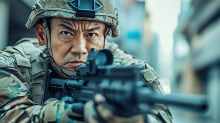 A determined soldier aims his rifle in a tense urban combat scenario, showcasing precision, focus, and military readiness in a city environment.の素材