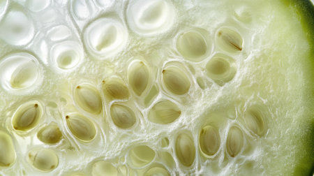 Extreme close-up of a cucumber slice, revealing its seeds and fleshy texture, showing fresh and natural details, ideal for food visuals.の素材