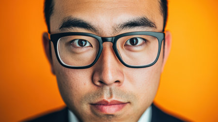 Close-up of a man wearing glasses with a surprised expression and wide eyes, set against a bright orange background.の素材