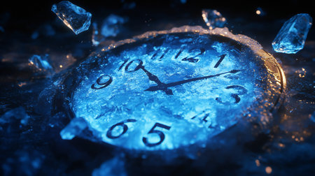 A glowing blue clock encased in ice with frozen shards scattered around, set against a dark, atmospheric background, symbolizing time and cold.の素材