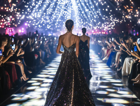 A glamorous woman in a sparkling gown walks down a fashion runway, surrounded by glowing lights and a captivated audience.の素材