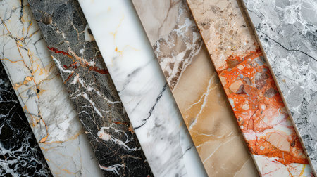 Detailed view of marble slabs with diverse textures and colors, including black, white, and gold, showing natural stone patterns.の素材