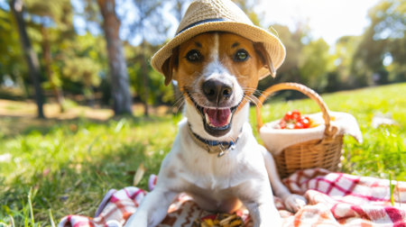 Happy dog wearing a straw hat, relaxing on a plaid blanket at a sunny picnic in the park, with a basket of snacks nearby.の素材