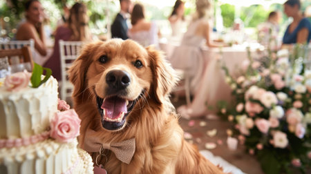 A joyful golden retriever wearing a bow tie attends a wedding reception with a beautifully decorated cake and guests in the background.の素材