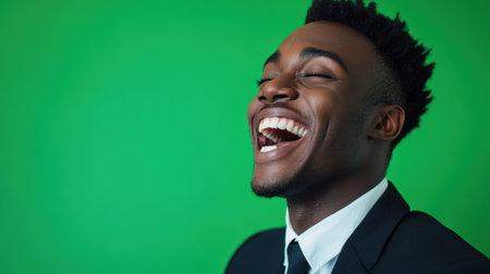 Close-up of a man in a suit laughing joyfully, with his eyes closed, set against a vibrant green background.の素材