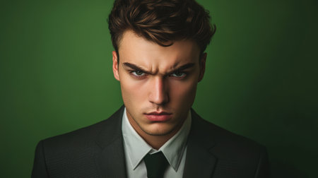 Portrait of a young Caucasian man wearing a business suit, showing extreme concentration against a green background with soft lighting and a focused expression.の素材