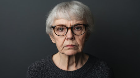 Portrait of an elderly Caucasian woman with a serious expression and glasses, displaying exaggerated concentration against a gray background with subtle lighting.の素材