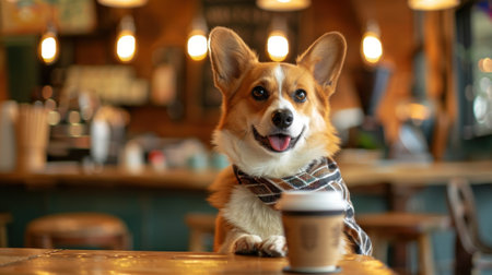 A cheerful corgi wearing a scarf sits at a cozy cafe table with a coffee cup, surrounded by warm lighting and a relaxed atmosphere.の素材
