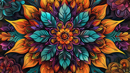 Vibrant mandala artwork with intricate floral patterns and bold colors, showing a harmonious blend of teal, orange, and purple.の素材