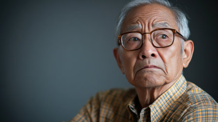 Portrait of an elderly Asian man wearing glasses with a deeply confused expression, set against a soft gray background with gentle lighting.の素材