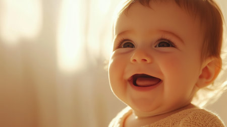 Happy baby smiling against a warm, golden bokeh background, creating a soft and joyful atmosphere.の素材