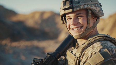 A young male soldier in desert combat gear smiles confidently during a military operation in a desert environment, holding a rifle.の素材