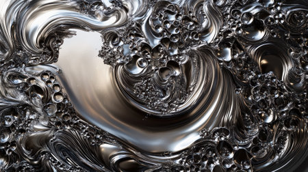 A close-up of abstract, flowing metallic liquid texture with dynamic waves and reflective silver highlights, evoking a sense of motion.の素材