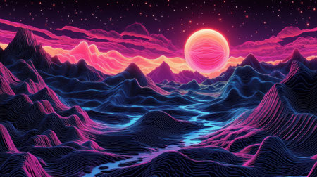 Surreal landscape with neon pink sun over textured mountains and reflective water, blending retro-futuristic and sci-fi aesthetics in vibrant colors.の素材