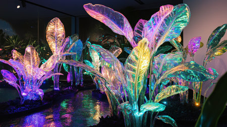 A collection of luminous, iridescent plants illuminated in vibrant colors in a dark room, creating a surreal, otherworldly indoor display.の素材