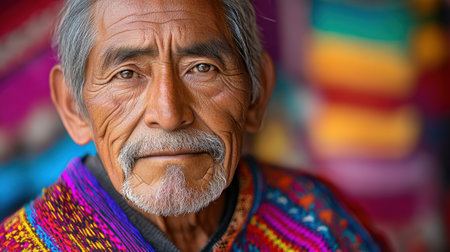 Close-up portrait of an elderly man wearing vibrant traditional clothing, with detailed facial features and a colorful blurred background.の素材