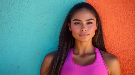 Close-up portrait of a young woman with long straight hair and vibrant background, exuding confidence and style.の素材