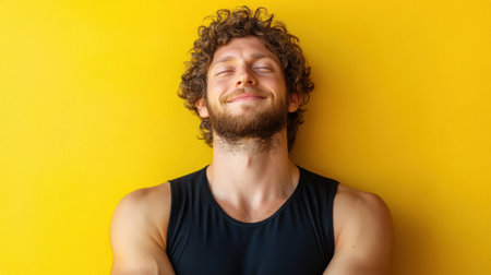 Portrait of a cheerful man with curly hair and beard, eyes closed in relaxation, standing against a vibrant yellow background.の素材