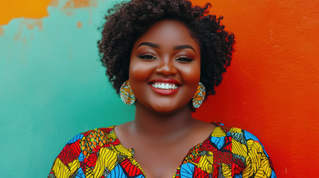 Bright Smile Portrait of a Beautiful Plus-Size African Model with Short Curly Hair in Vibrant Clothing with Smooth Colorful Backgroundの素材