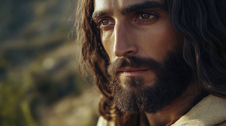A serene portrait of Jesus Christ, bathed in golden sunset light, evoking peace, reflection, and spiritual contemplationの素材