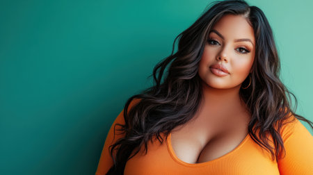 Relaxed Portrait of a Beautiful Plus-Size Latina Model with Long Wavy Hair in Stylish Clothing with Smooth Colorful Backgroundの素材