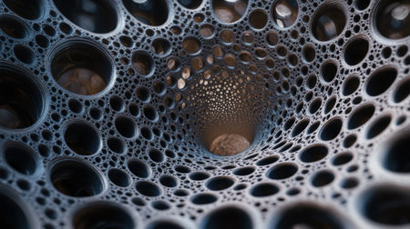 Complex geometric structure with numerous circular cutouts, spiraling towards the center. The intricate pattern creates a sense of depth and motion, with varying shades of grayの素材