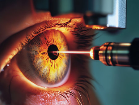 Close-up of an eye undergoing laser procedure, highlighting vibrant iris colors and precise laser technology. The beam focuses directly on the pupil area during the operationの素材