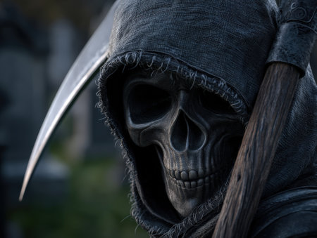 Skull-faced figure cloaked in dark hood, holding a wooden-handled scythe curved blade reflects dim light; eerie atmosphere suggesting themes of mortality and darknessの素材