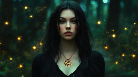 Mysterious dark-haired woman with a pentagram necklace stands in an enchanted forest, surrounded by glowing orbs. Her intense gaze and the magical atmosphere captivate the viewerの素材