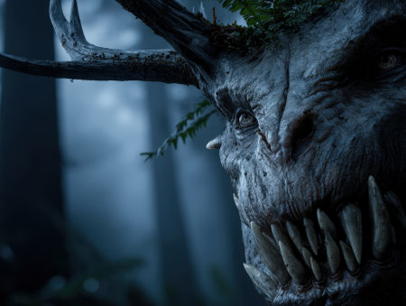 Mystical creature with sharp teeth and dark eyes, resembling a forest demon or mythical being, is partially hidden by shadows and foliage, creating an eerie atmosphereの素材