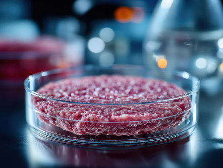 Lab-grown meat sample in a clear petri dish, resembling a raw burger patty. It rests on a reflective surface, surrounded by blurred scientific equipment under bright lightsの素材