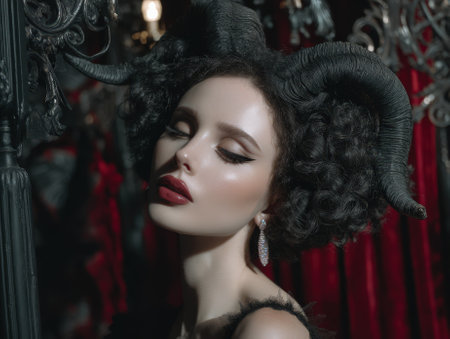 Elegant woman with dark curly hair adorned with large, textured black horns, wearing striking makeup and drop earrings, stands gracefully with eyes closed against red and dark backdropの素材