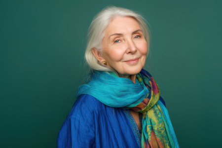 Senior woman with long white hair, smiling gently, wears a vibrant blue top and colorful scarf. Her expression radiates warmth and wisdom. Background is a solid shadeの素材