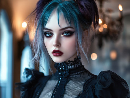 Young woman with striking blue hair styled in an updo, wearing dark makeup, a lace choker, and a black, elaborate outfit. Soft lighting with blurred chandelier in backgroundの素材