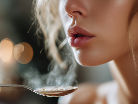 Close-up of a woman's face with focus on lips, holding a steaming spoon. Soft lighting creates bokeh effect in the background. Her skin is smooth, hair slightly tousledの素材