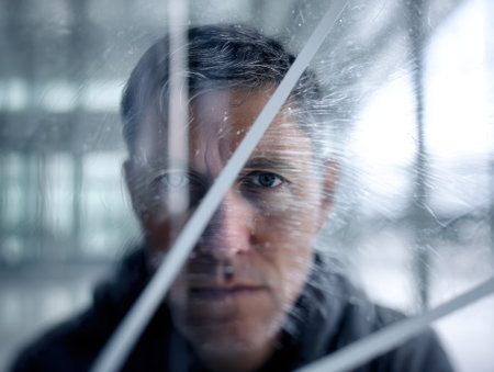 Sharp male face seen through cracked transparent surface, expression focused and intense. Reflection creates an abstract visual effect with intersecting lines and textureの素材