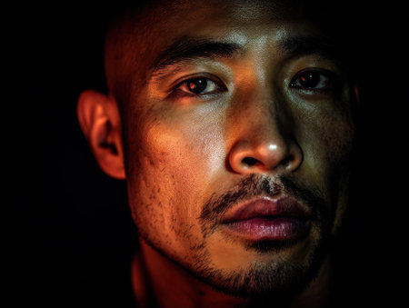 Shaved-headed individual with intense gaze and stubbled face in dim, moody lighting, highlighting detailed skin texture, facial hair, and deep-set eyes dramatically against darkの素材