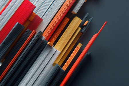 Colorful, vertical stripes extend diagonally, combining shades of red, black, white, and orange, creating a dynamic interplay of lines and textures. No text is presentの素材