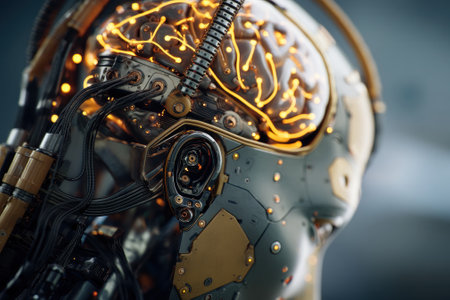 Futuristic robotic head with glowing neural pathways, intricate wiring, and metallic panels. The advanced design highlights artificial intelligence and cutting-edge technology elementsの素材