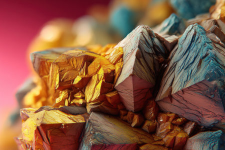 Abstract close-up of colorful mineral crystals with sharp geometric edges, showing an intricate pattern of golds, blues, and reds. Textured and vibrant, it highlights natural beautyの素材