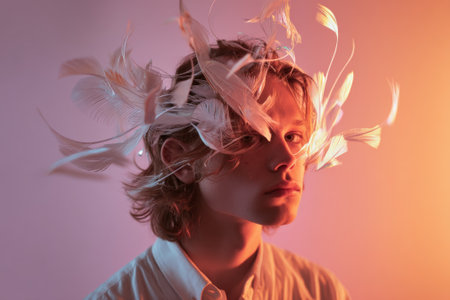 Young person with flowing feathers around face creates a surreal, dreamlike effect. Soft lighting highlights delicate features and dynamic movement, blending shades of orange and pinkの素材