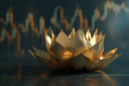 A golden lotus-shaped sculpture with detailed petals stands prominently against a backdrop of abstract graph patterns resembling financial charts, blending art with elements of financeの素材