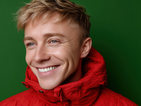 Smiling man with light hair, wearing a bright red jacket, showing a cheerful expression. The portrait highlights his clear blue eyes and white teeth, exuding warmth and positivityの素材