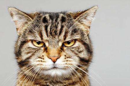 Close-up of a tabby cat with intense yellow eyes and distinct facial stripes. The cat's expression appears serious, and its fur is short and well-groomedの素材